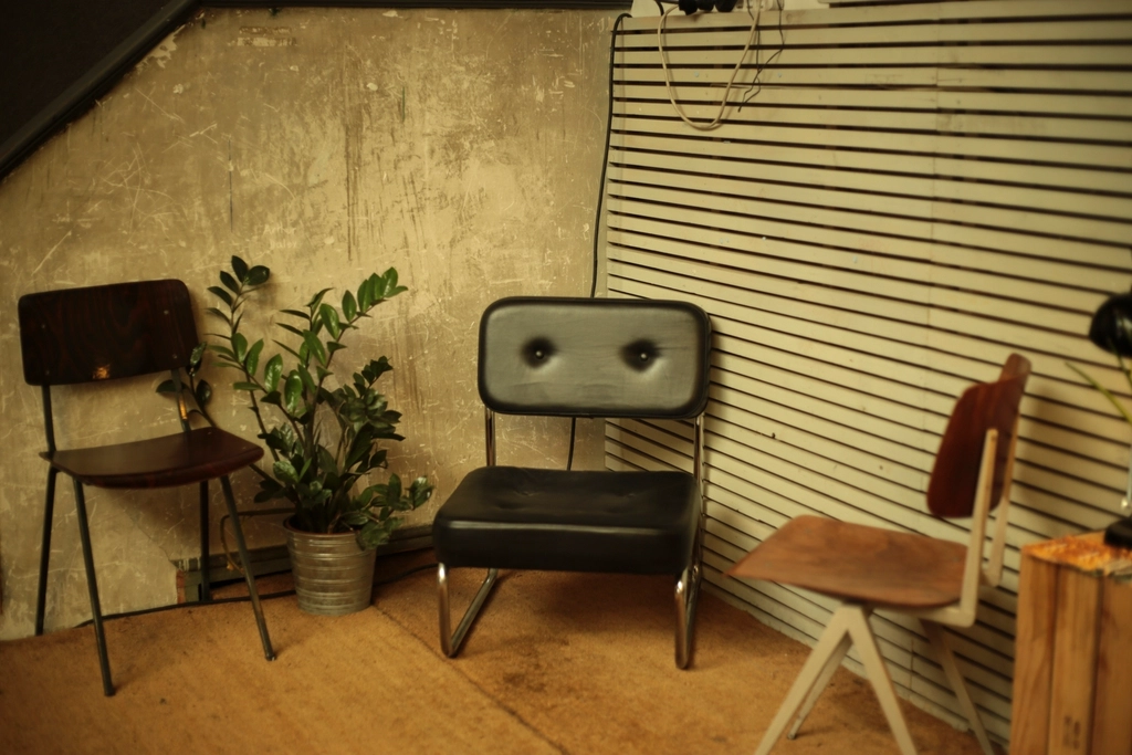 A quiet corner: three mismatched chairs and a potted plant against a bare wall.